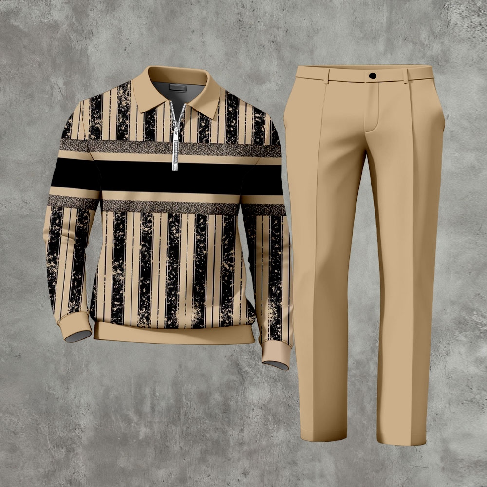 Men's Casual Cats And Sheet Music Printed Polo-Collar Zipper Long Sleeved Trousers White Two-Piece Set