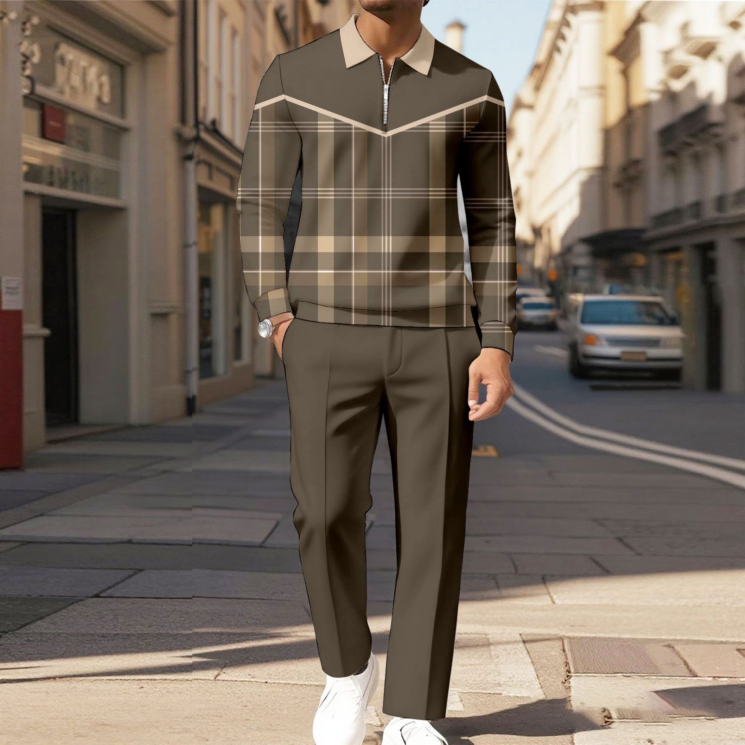 Men's Casual Color Matching Printed Polo-Collar Zipper Long Sleeved Trousers Two-Piece Set 1020