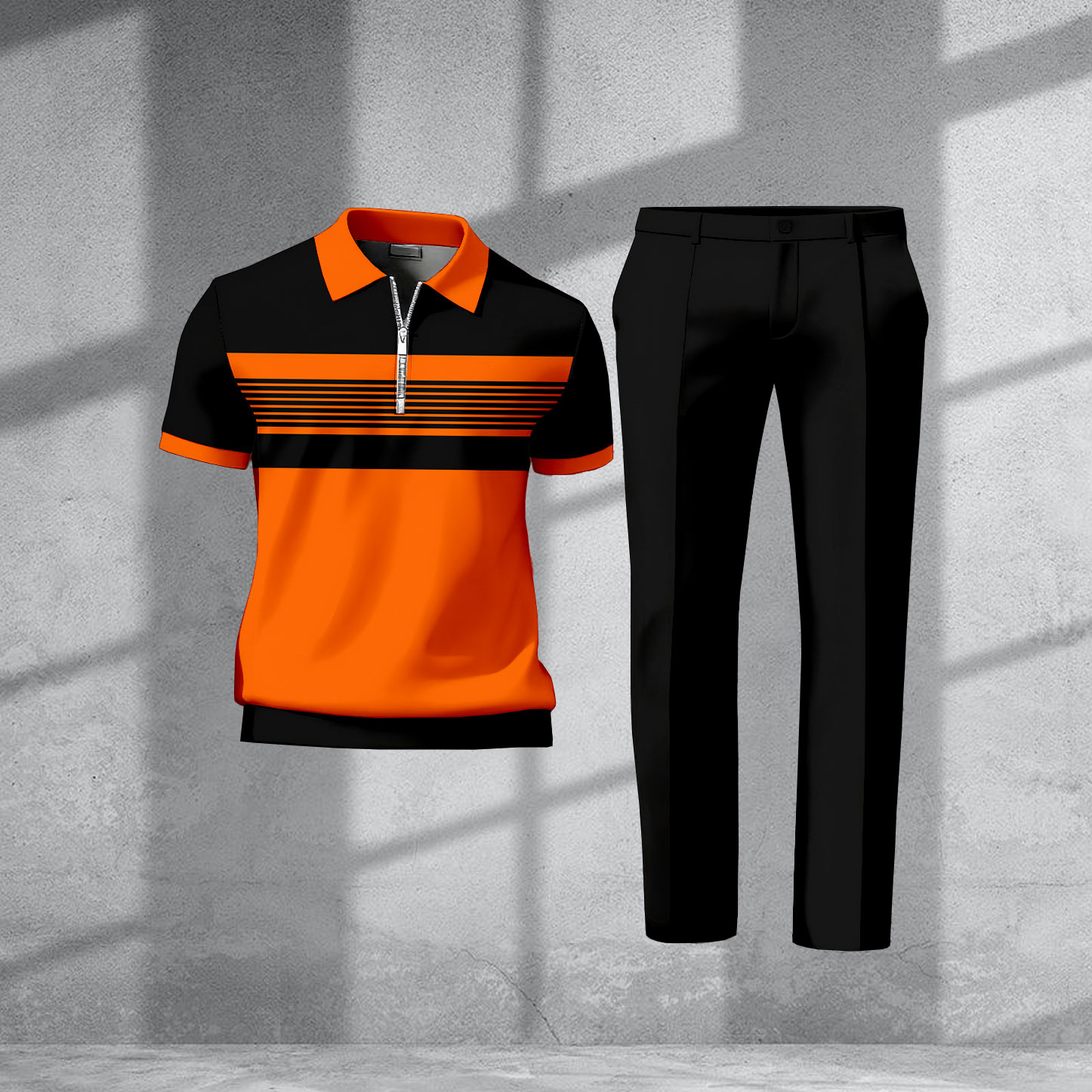 Men's Casual Black & Orange Color Matching Striped Printed Zipper Short Sleeved Polo Shirt & Trousers Two-Piece Set