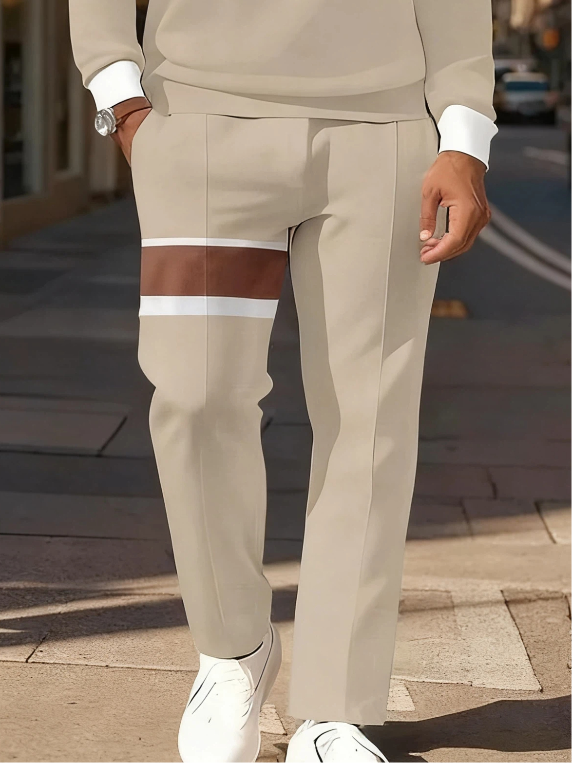 Men's Simple White Khaki Reddish Brown Printed POLO Long-sleeved Trousers Two-piece Set