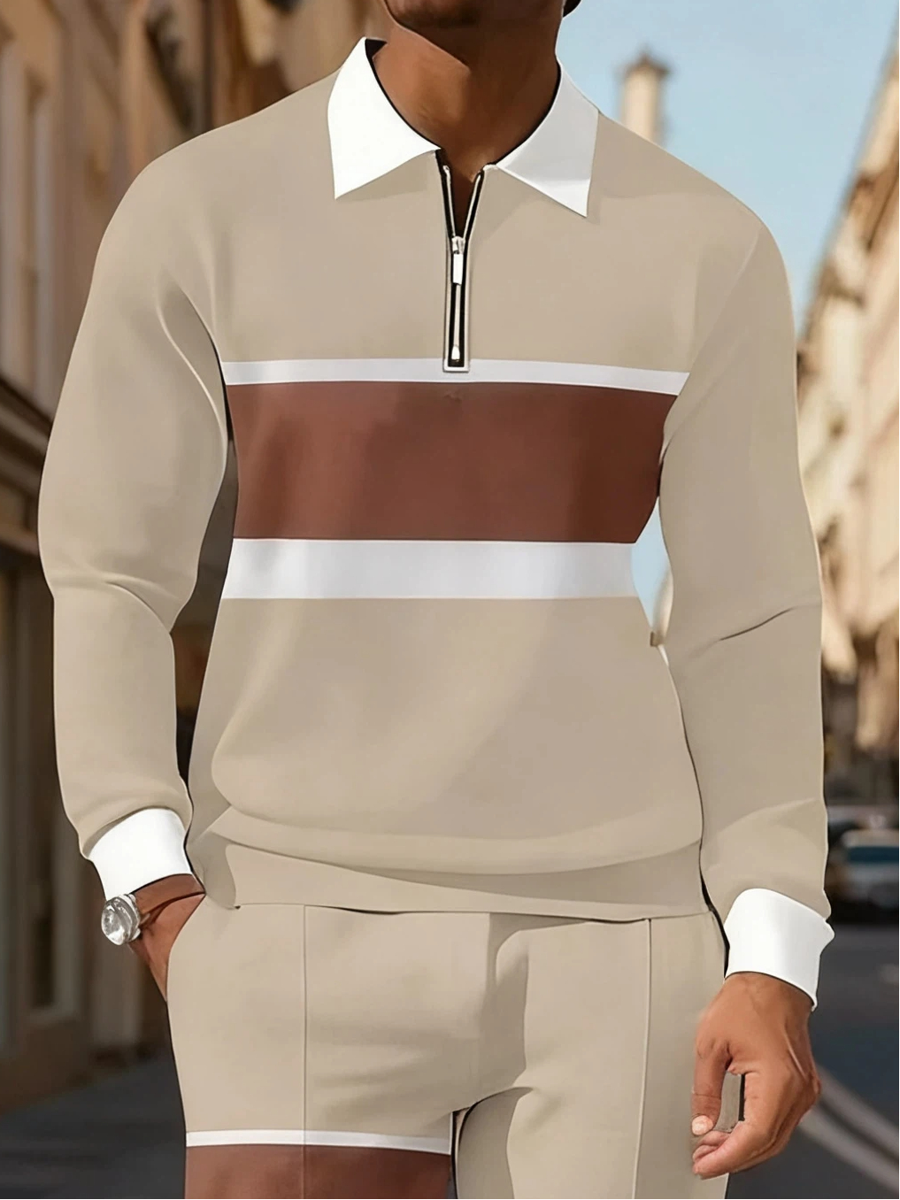 Men's Simple White Khaki Reddish Brown Printed POLO Long-sleeved Trousers Two-piece Set