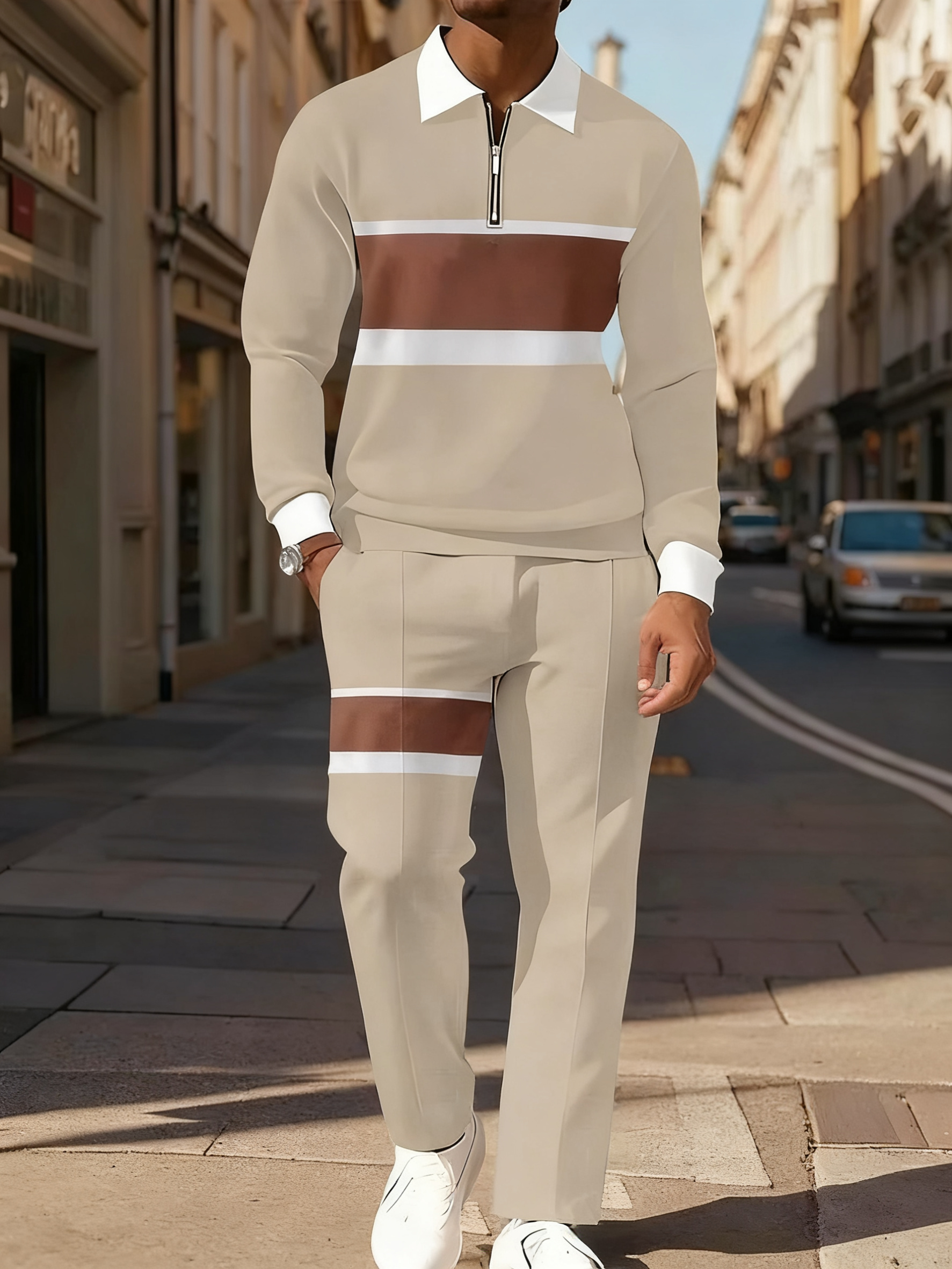 Men's Simple White Khaki Reddish Brown Printed POLO Long-sleeved Trousers Two-piece Set
