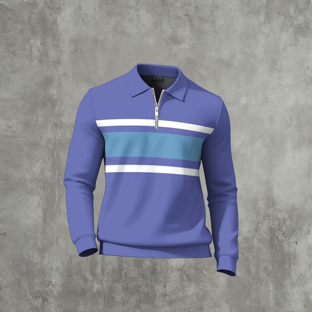 Men's Casual Color Matching Printed Polo-Collar Zipper Long Sleeved Shirt