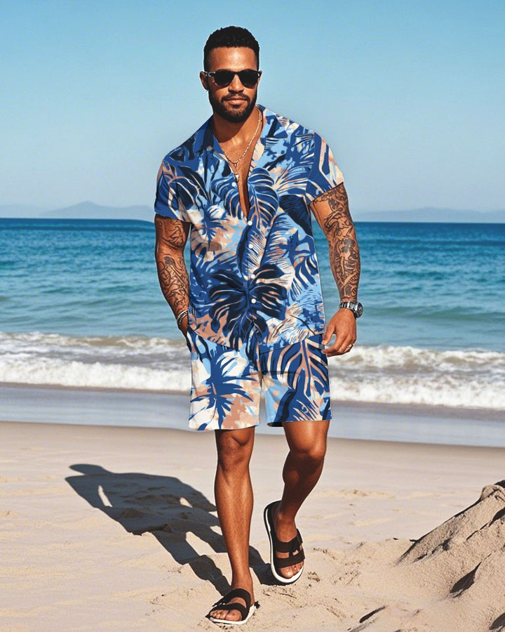 Men's Fashion Casual Lapel Collar Geometric Printed Short-Sleeved Two-Piece Set