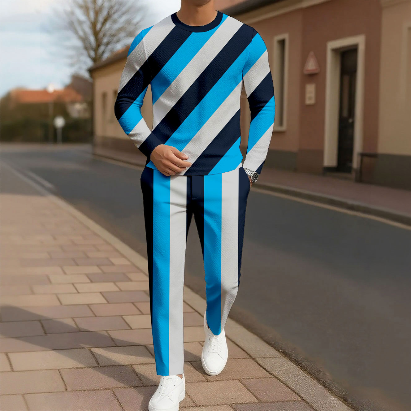 Men's Casual Color Matching Printed Round Neck Long Sleeved Trousers Two-Piece Set