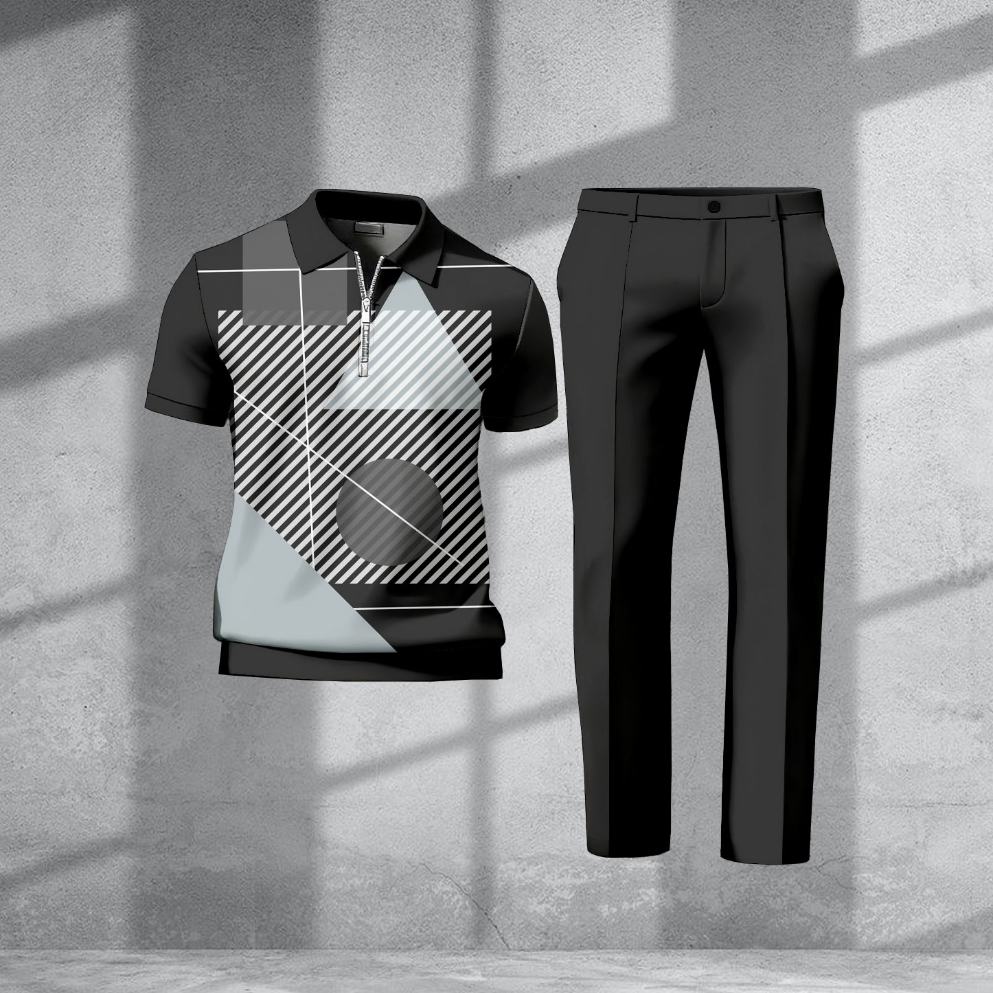 Men's Casual Dark Gray & White Color Matching Geometric Printed Zipper Short Sleeved Polo Shirt & Trousers Two-Piece Set