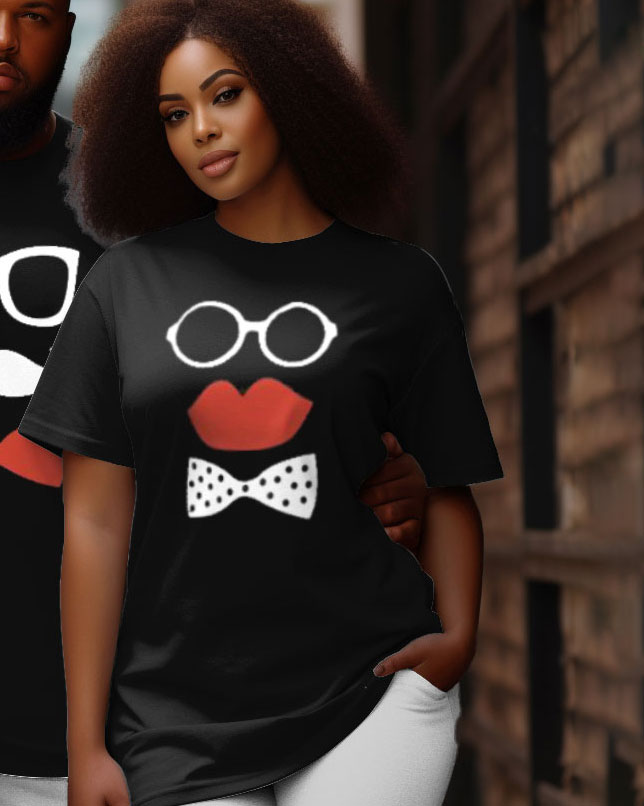 Couple Plus Size Fashion Lips Moustache Print Round Neck Short Sleeve T-Shirt