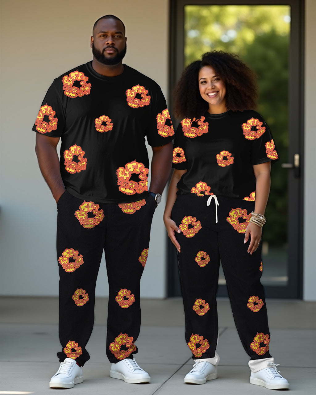 Couple Beautiful Love Flower T-shirt Trousers Suit Large