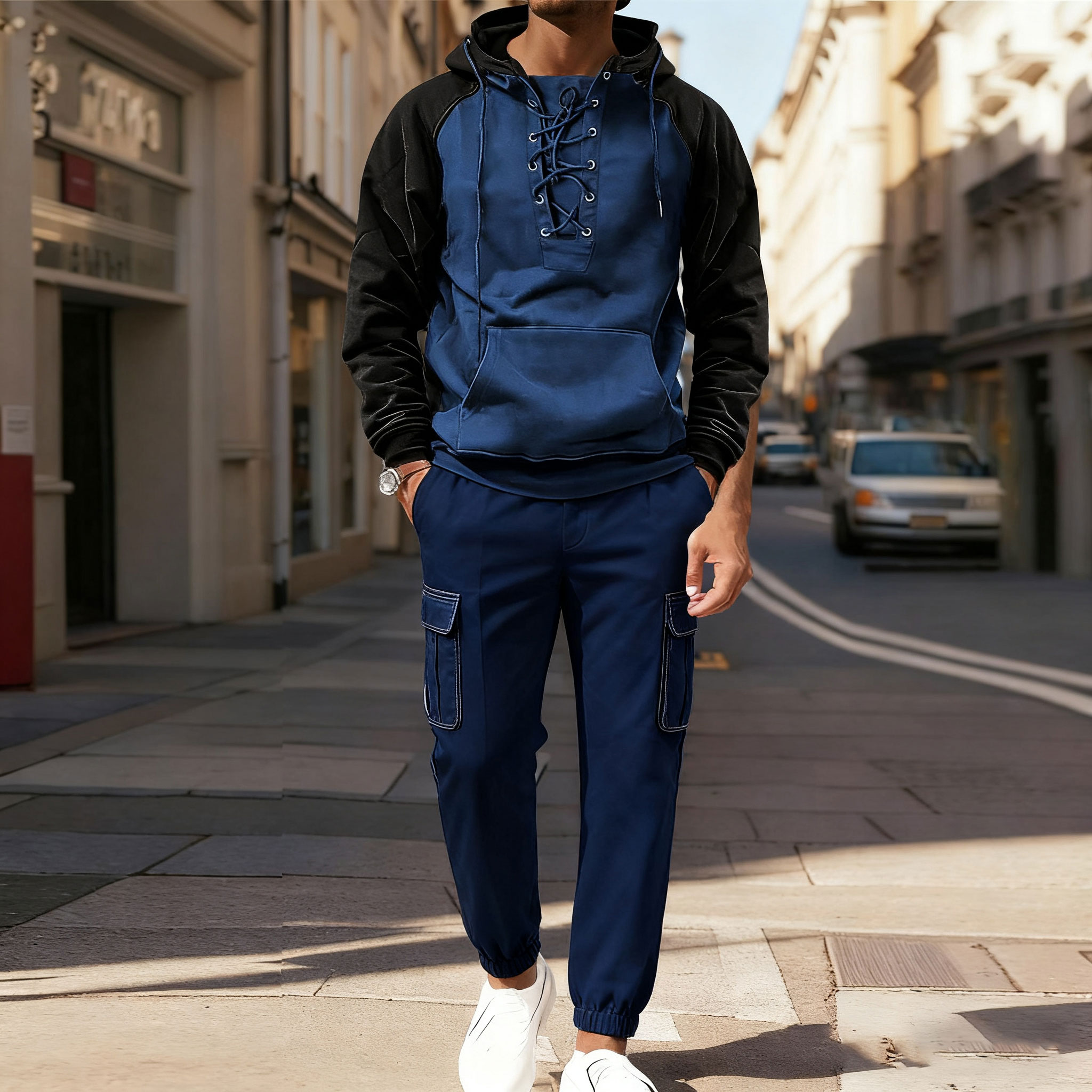 Men's Casual Color Matching Stand-Collar Zipper Long Sleeved Hoodies