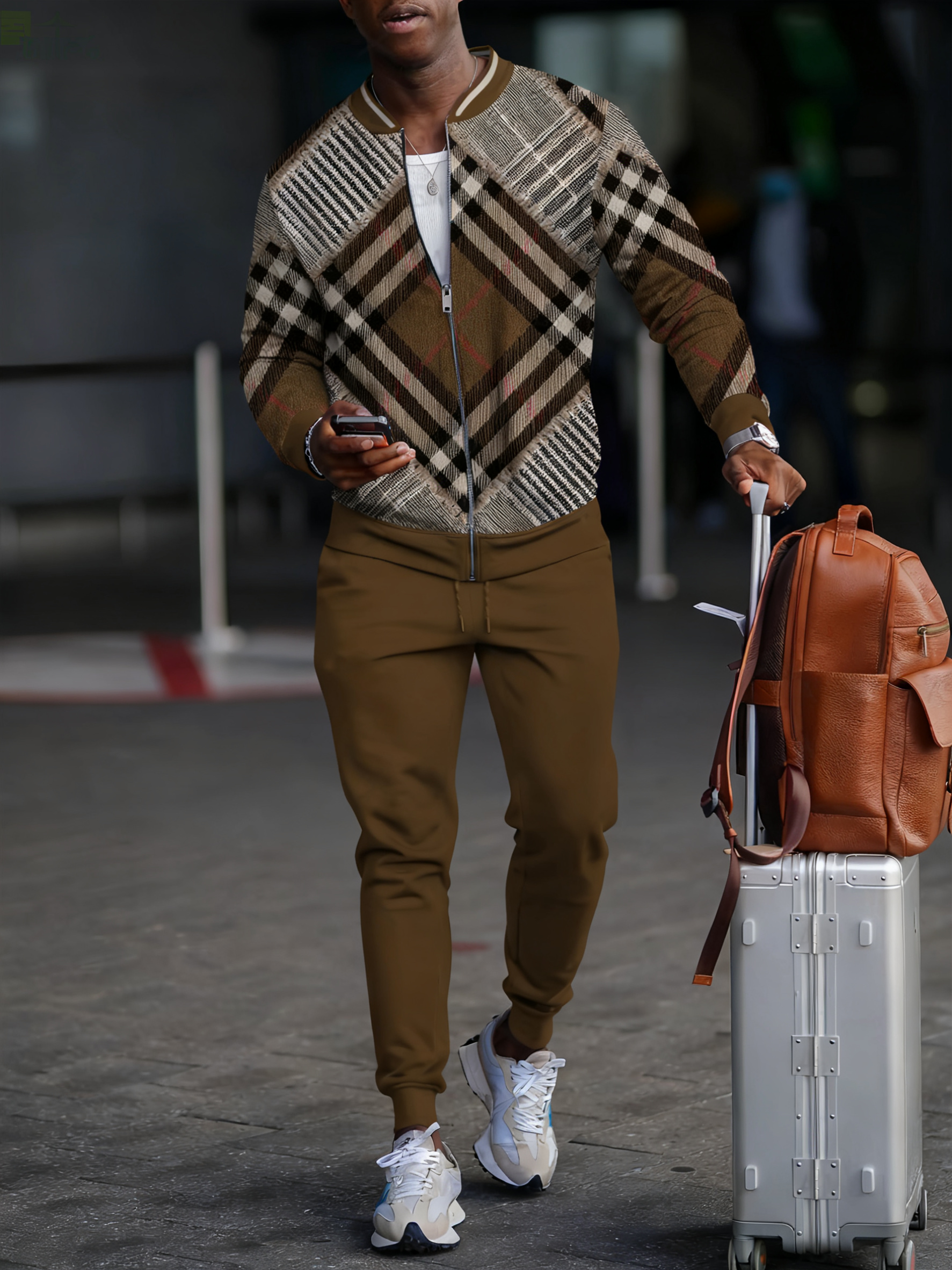 Men's fashion casual geometric print zipper jacket set