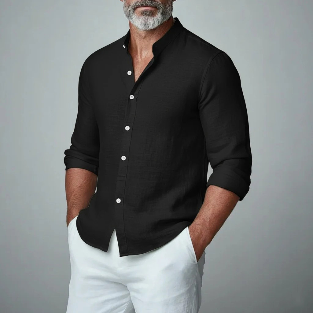 Men's Long- Sleeved Solid Color Small Stand Collar Shirt