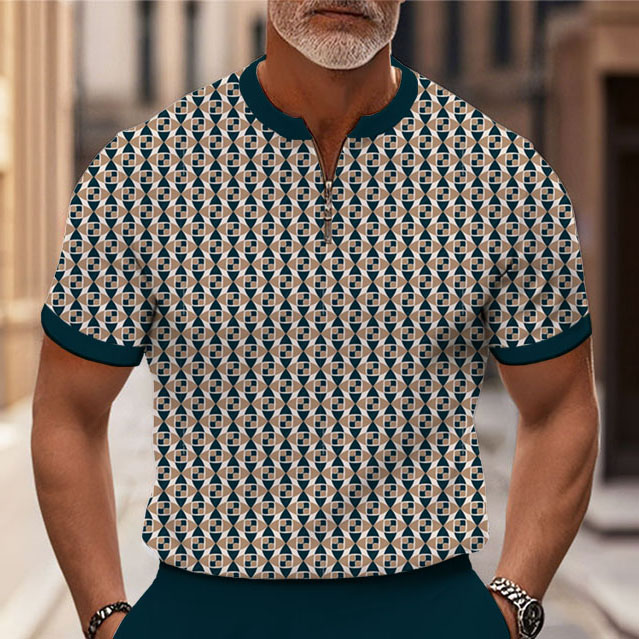 Men's Fashion Casual Round-Neck Geometric Printed Short-Sleeved Two-Piece Set 8266