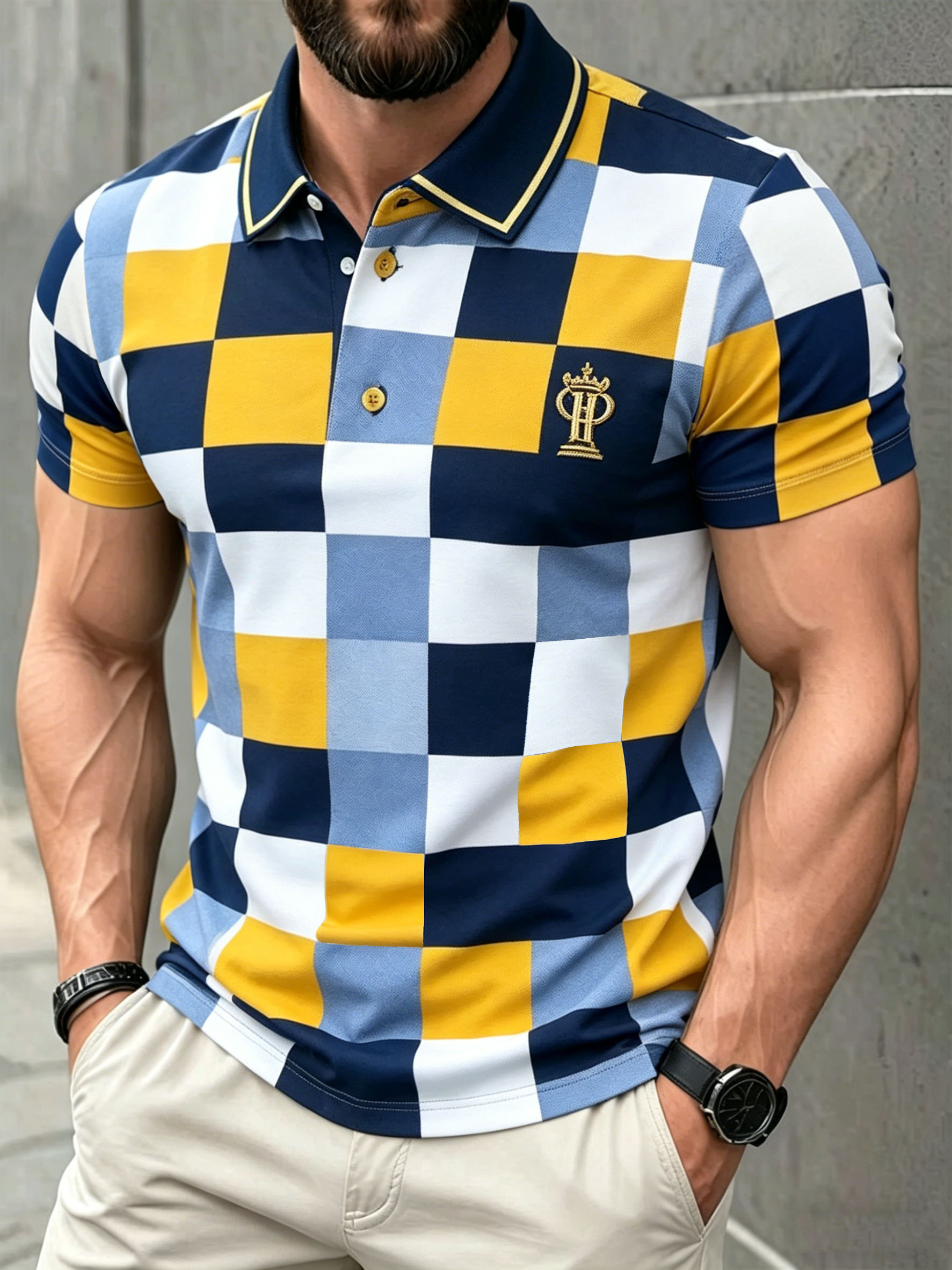 Men's Classic Business Check Logo Button Short Sleeve Polo Shirt