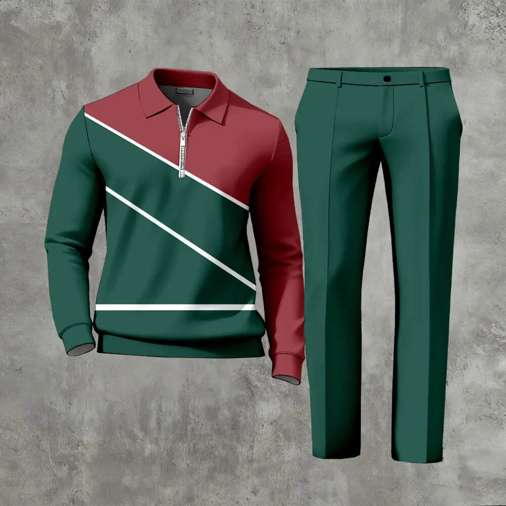Men's Casual Color Matching Printed Polo-Collar Zipper Long Sleeved Trousers Two-Piece Set