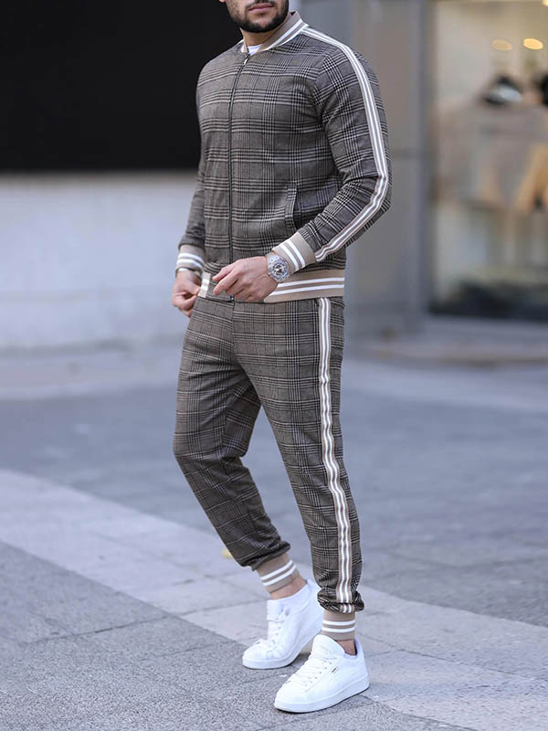 Men's Quilted Thick Plaid Long-Sleeved Jacket Trousers Two-Piece Set