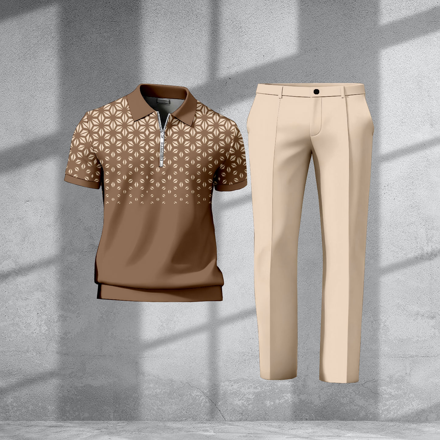 Men's Casual Coffee & Apricot Color Matching Flower Gradient Pattenr Zipper Short Sleeved Polo Shirt & Trousers Two-Piece Set