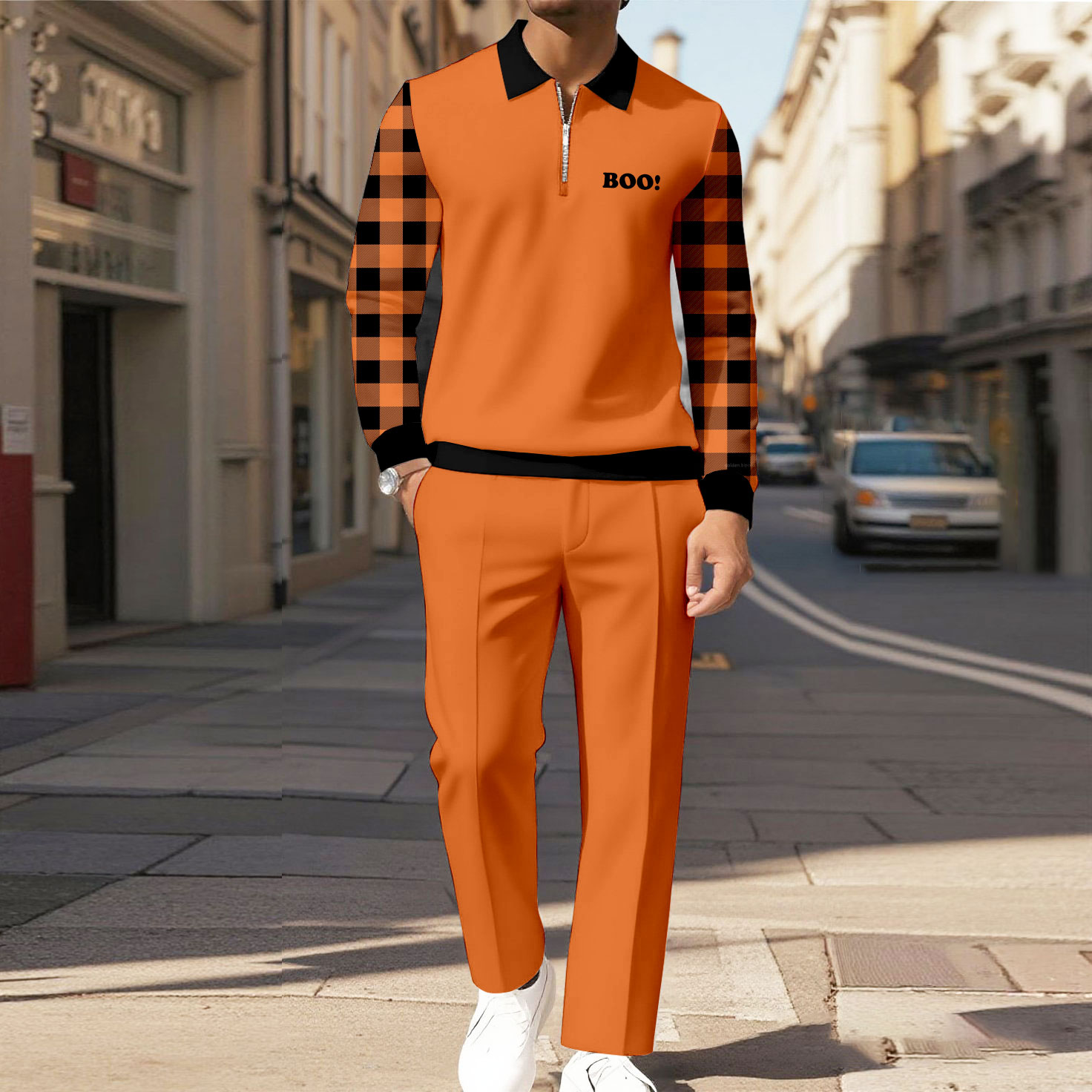 Men's Casual Color Matching Halloween Printed Polo-Collar Zipper Long Sleeved Trousers Two-Piece Set