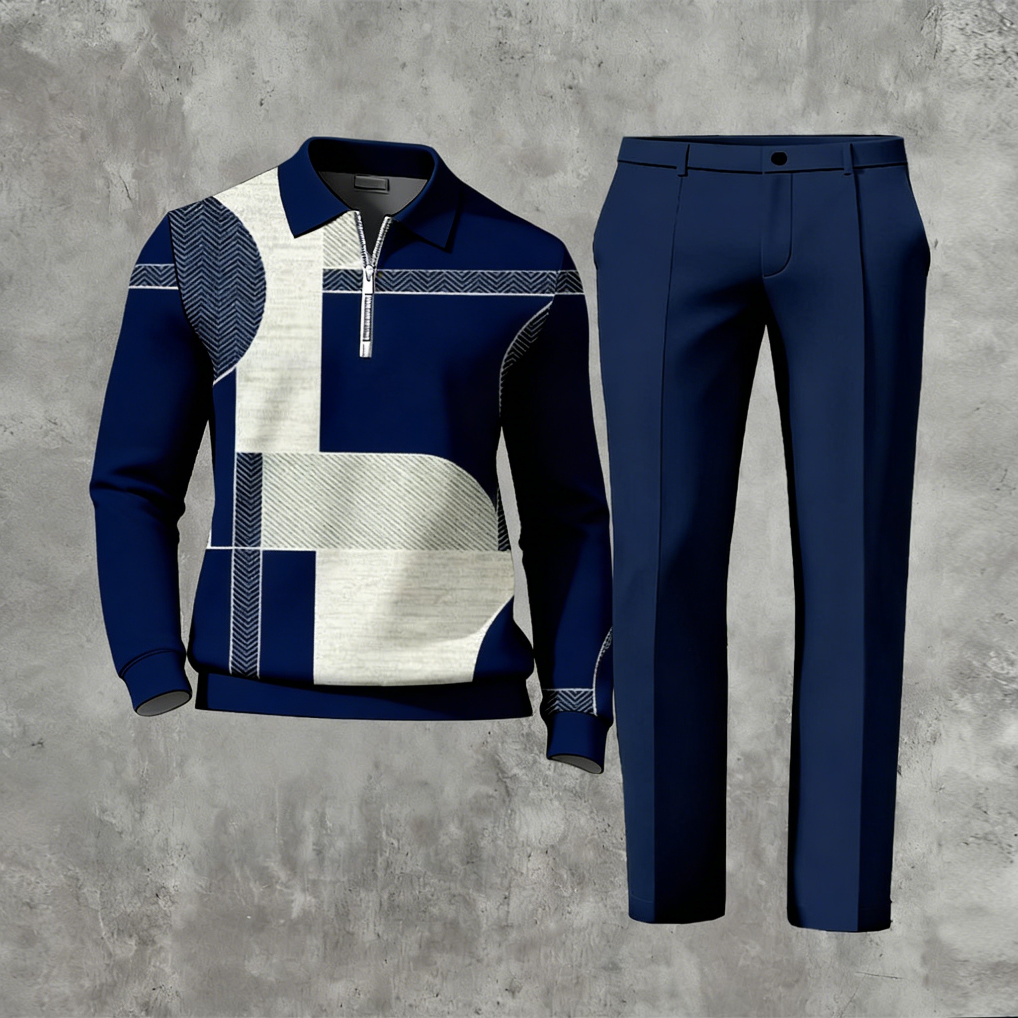 Men's Casual Multi Color Matching Geometric Printed Zipper Long Sleeved Polo Shirt & Trousers Two-Piece Set