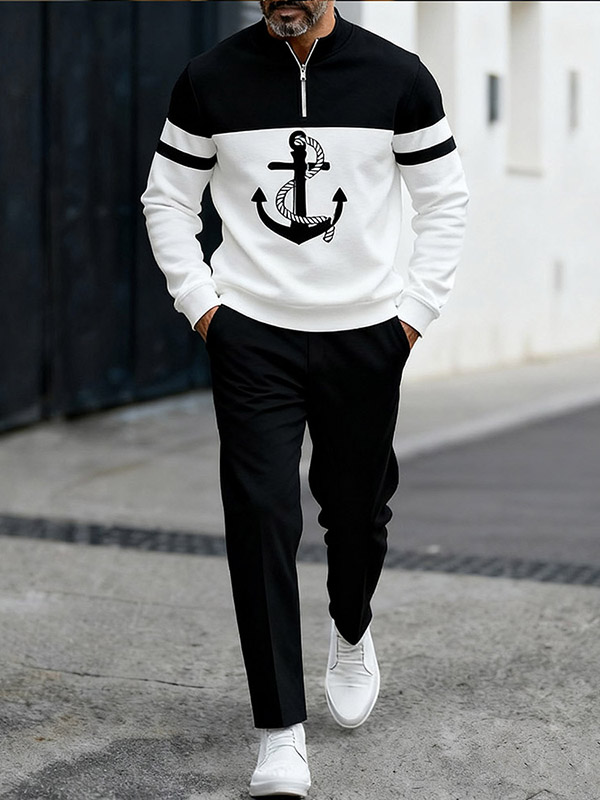 Men's Casual Black White Color Matching Printed Round-Neck Zipper Long Sleeved Trousers Two-Piece Set