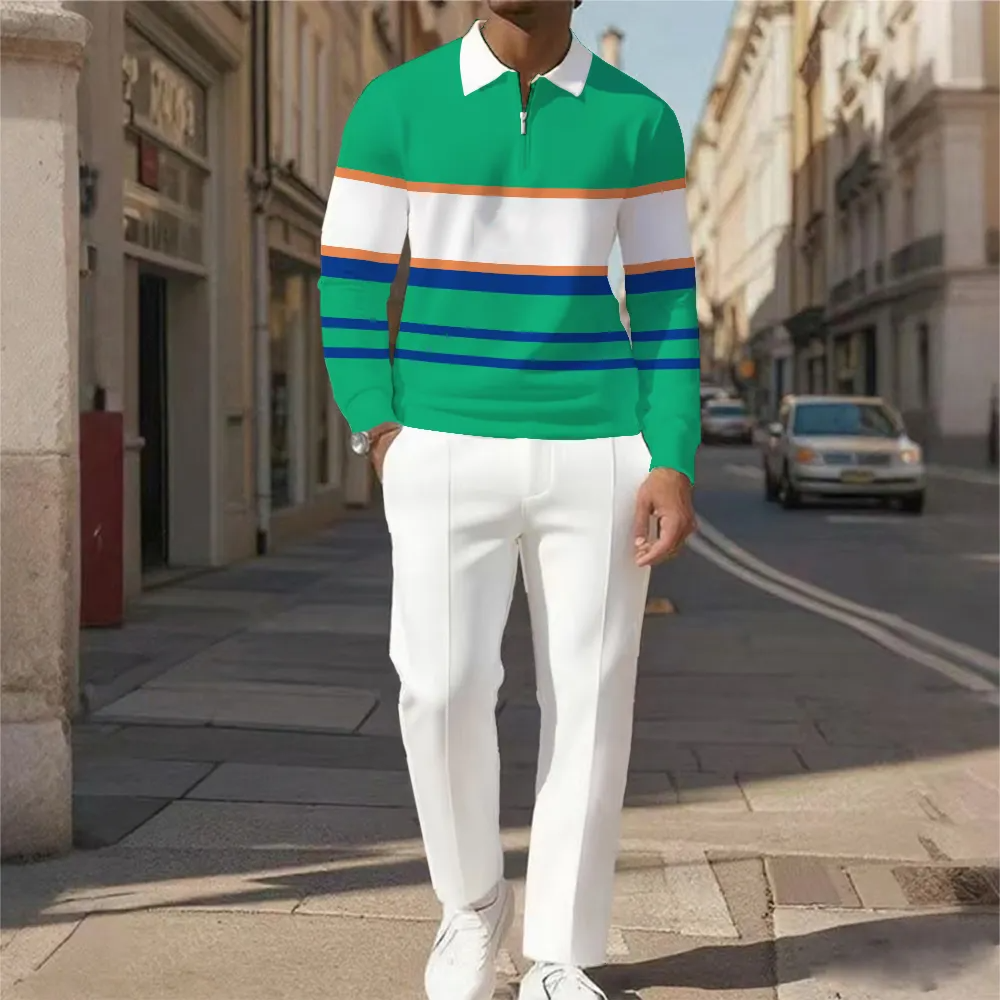 Men's Casual Color Matching Printed Polo-Collar Zipper Long Sleeved Trousers Two-Piece Set 1016
