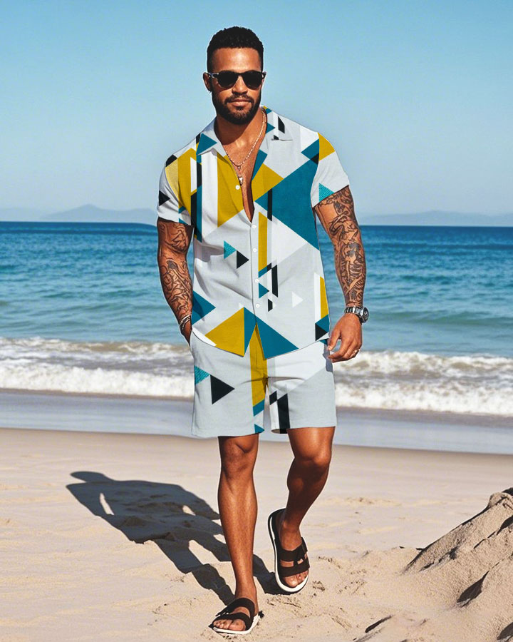 Men's Fashion Casual Lapel Collar Geometric Printed Short-Sleeved Two-Piece Set