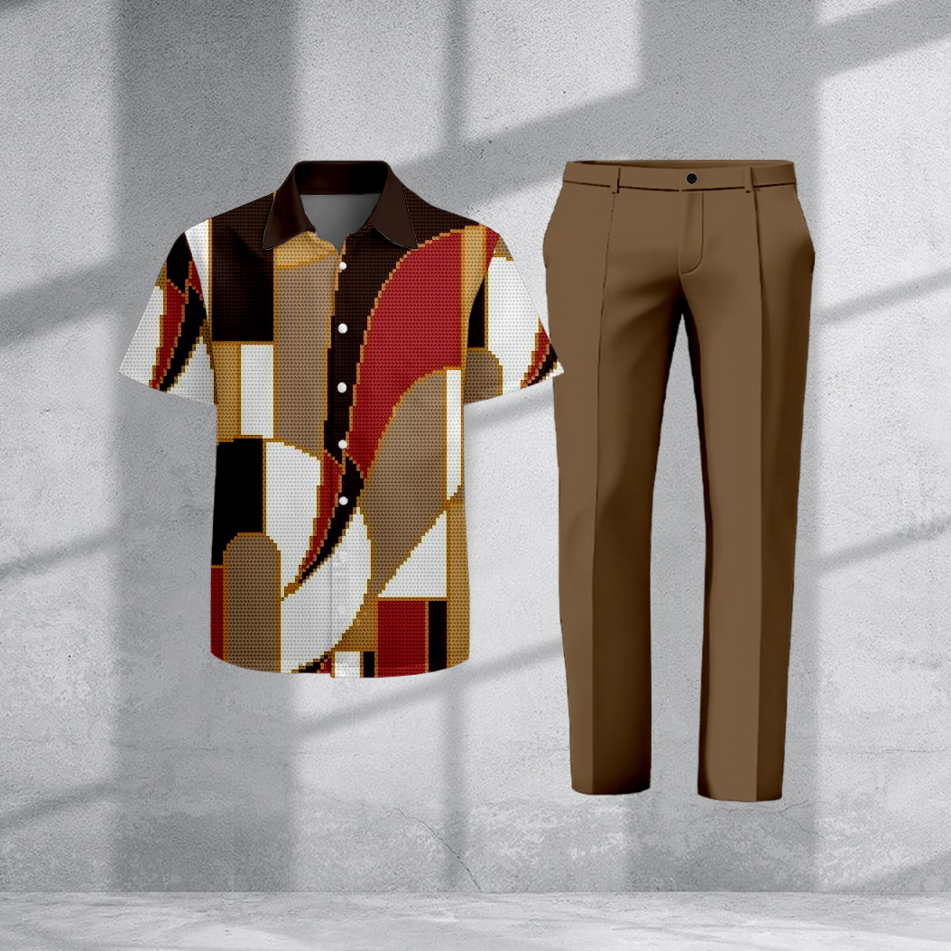 Men's Casual Geometric Color Block Print Short-Sleeve Shirt And Pants Two-Piece Set