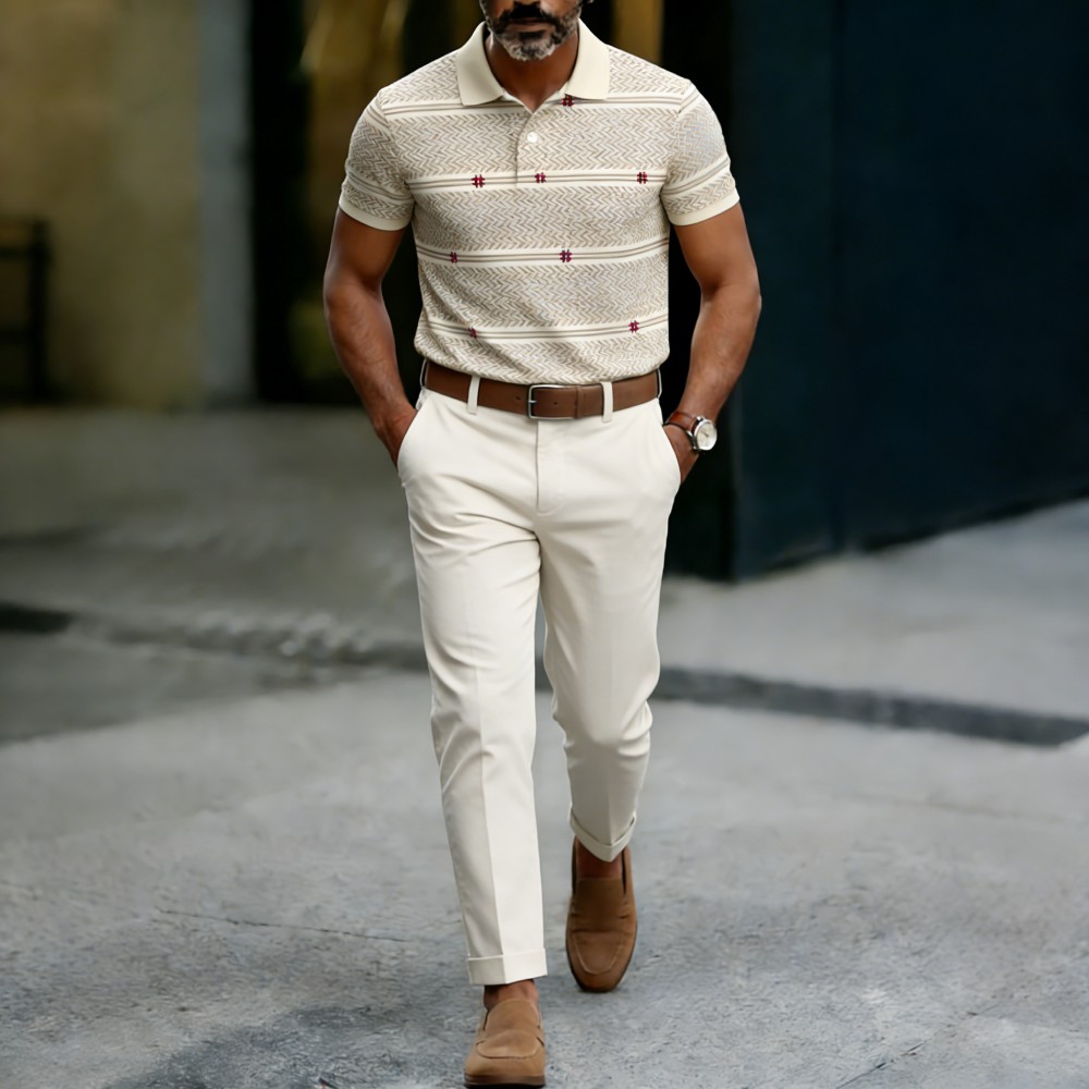 Men's Casual Apricot Color Matching Striped Printed Short Sleeved Polo Shirt & Trousers Two-Piece Set