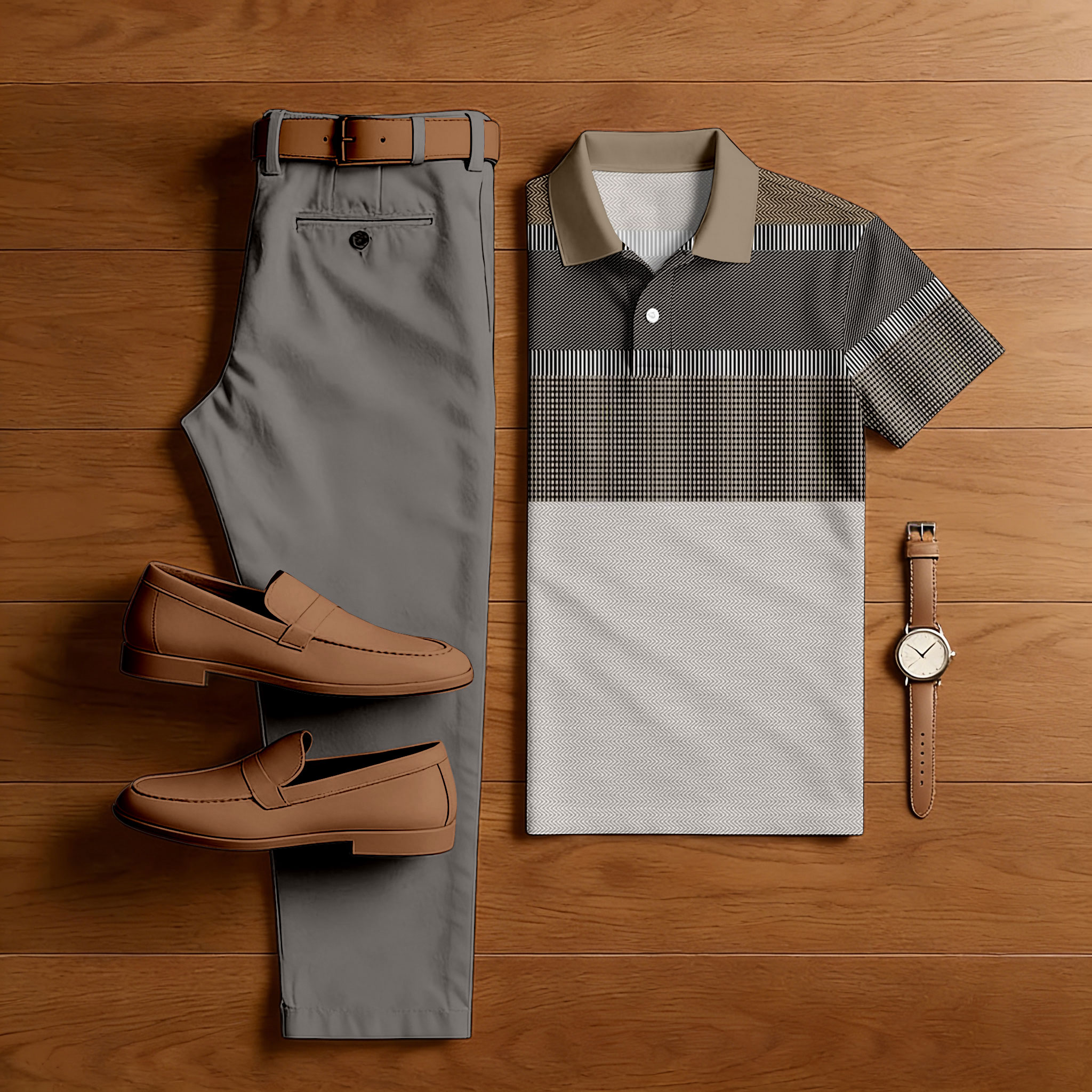 Men's Casual Khaki Coffee Color Matching Striped Printed Short Sleeved Polo Shirt & Trousers Two-Piece Set