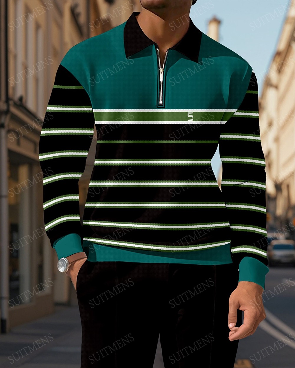 Men's Casual Colorblock Personalized Long Sleeve Polo Shirt Set  0015