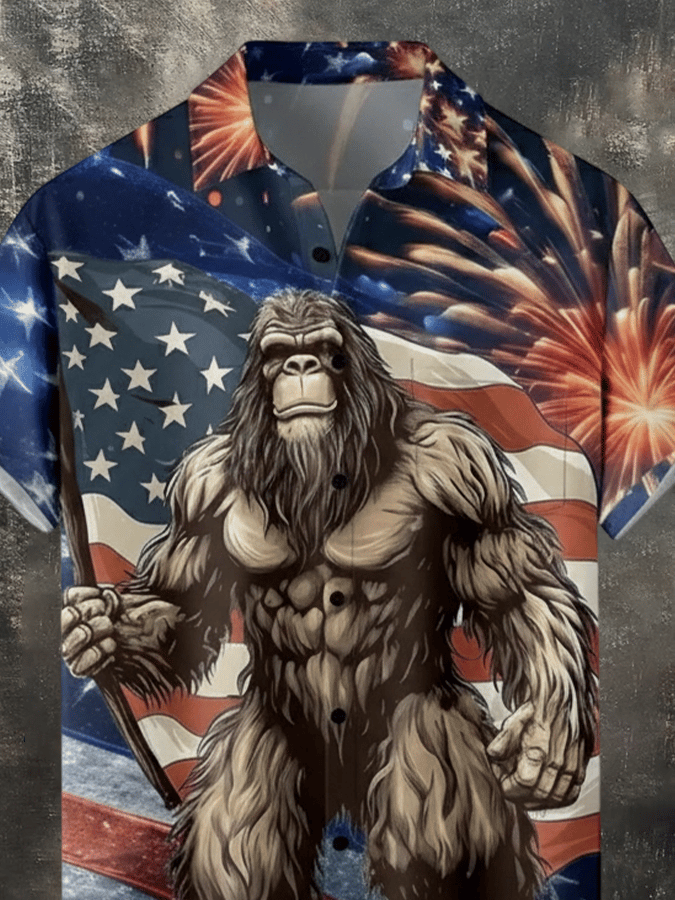 4th of July Men's Western Cowboy Vintage Short Sleeve Shirt - Patriotic Pattern Casual American Style