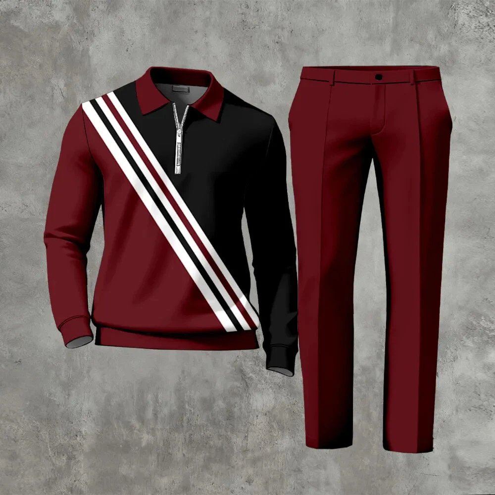 Men's Casual Color Matching Printed Polo-Collar Zipper Long Sleeved Trousers Two-Piece Set