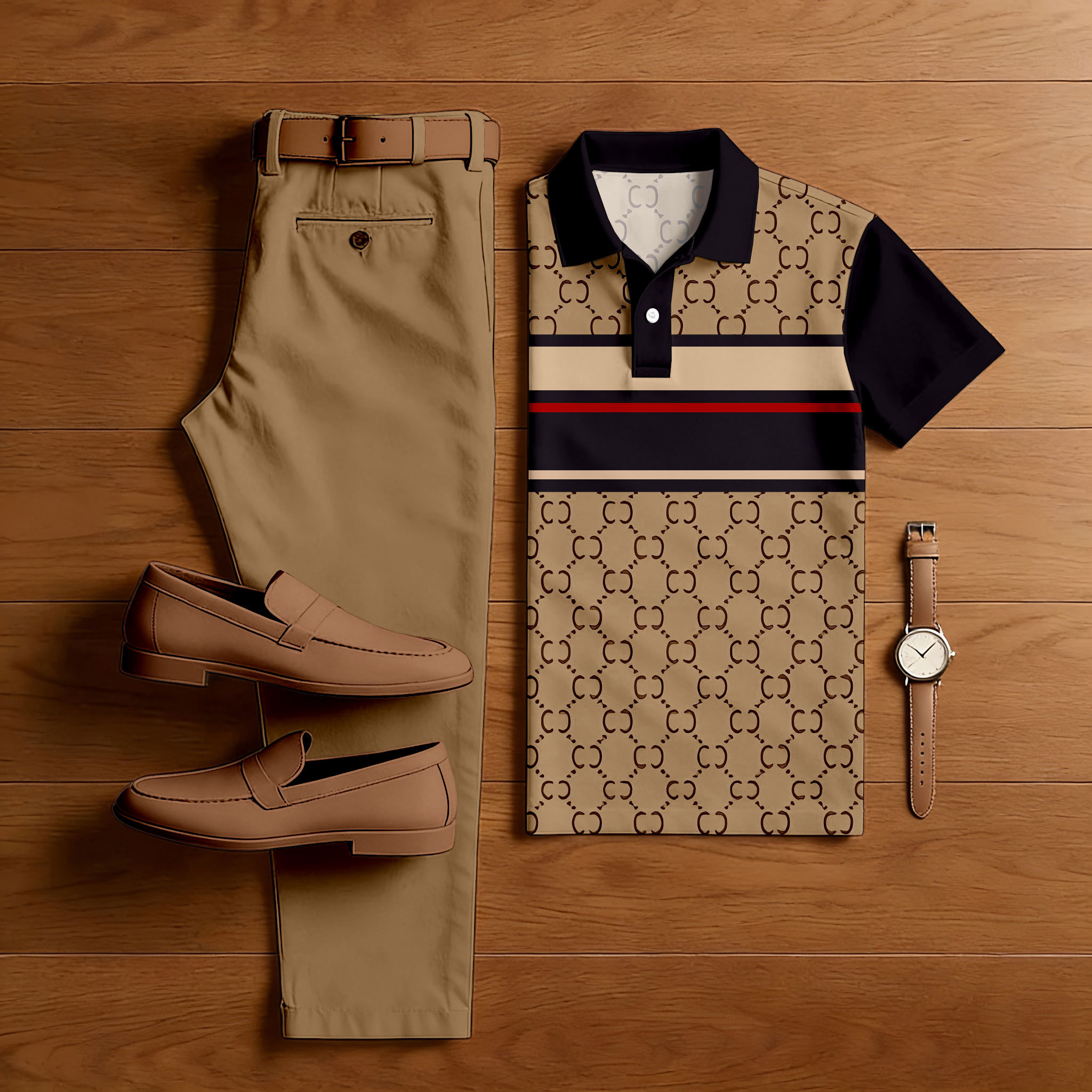 Men's Casual Tan & Black Color Matching Vintage Printed Short Sleeved ...