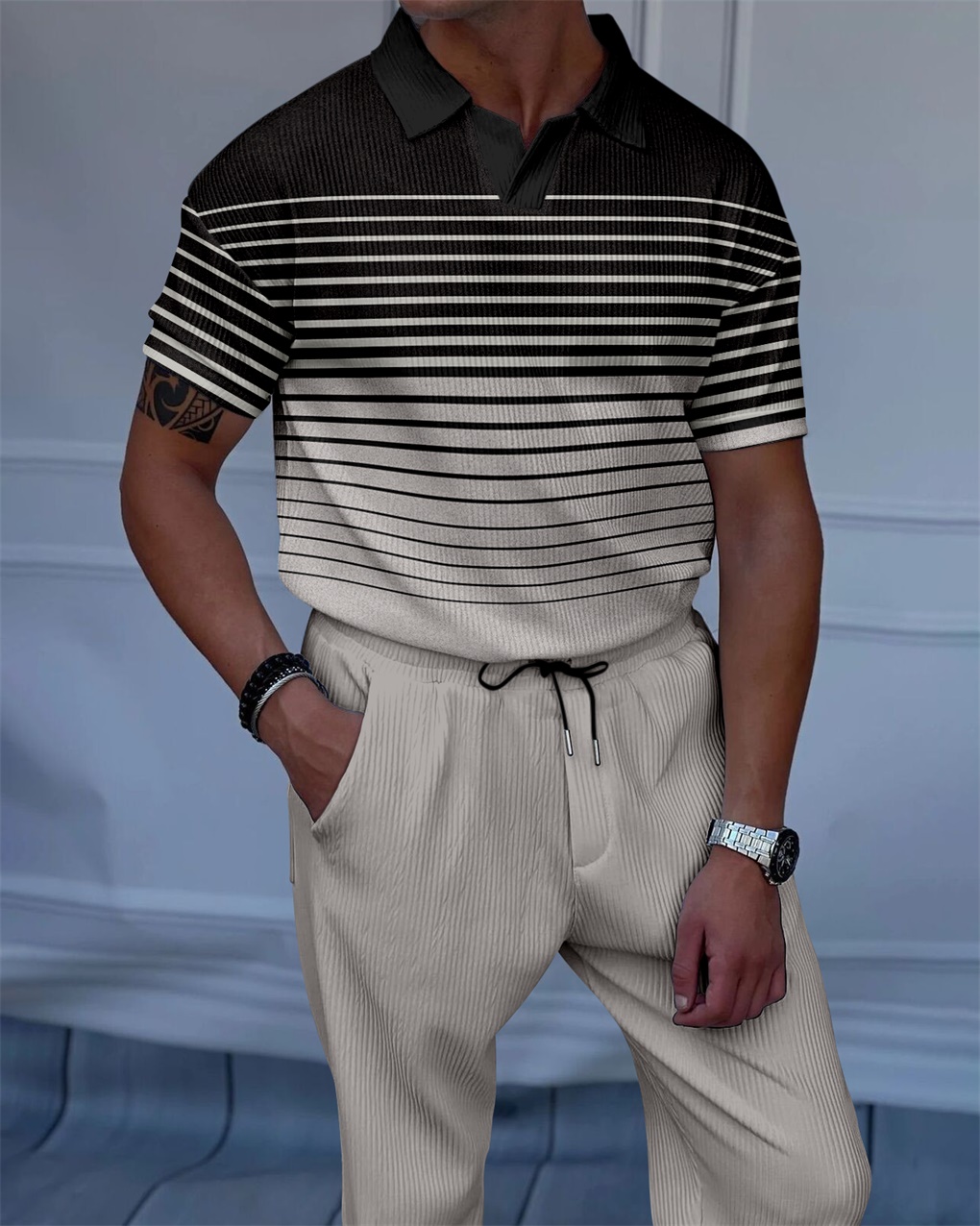 Men's Luxury Casual Textured Polo Short Sleeve Suit - 084