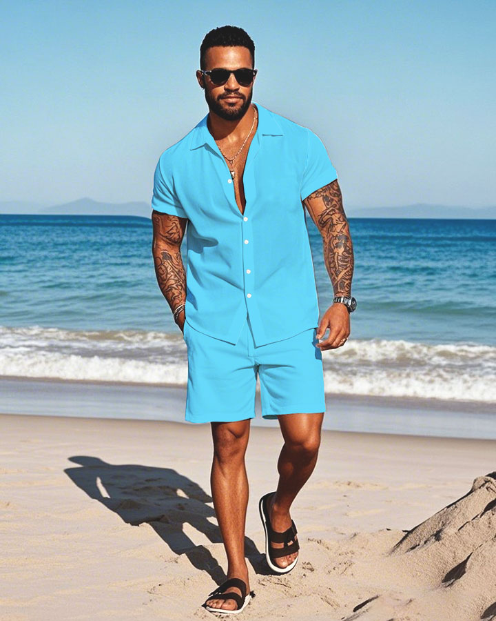 Men's Fashion Casual Lapel Collar Solid Color Short-Sleeved Two-Piece Set