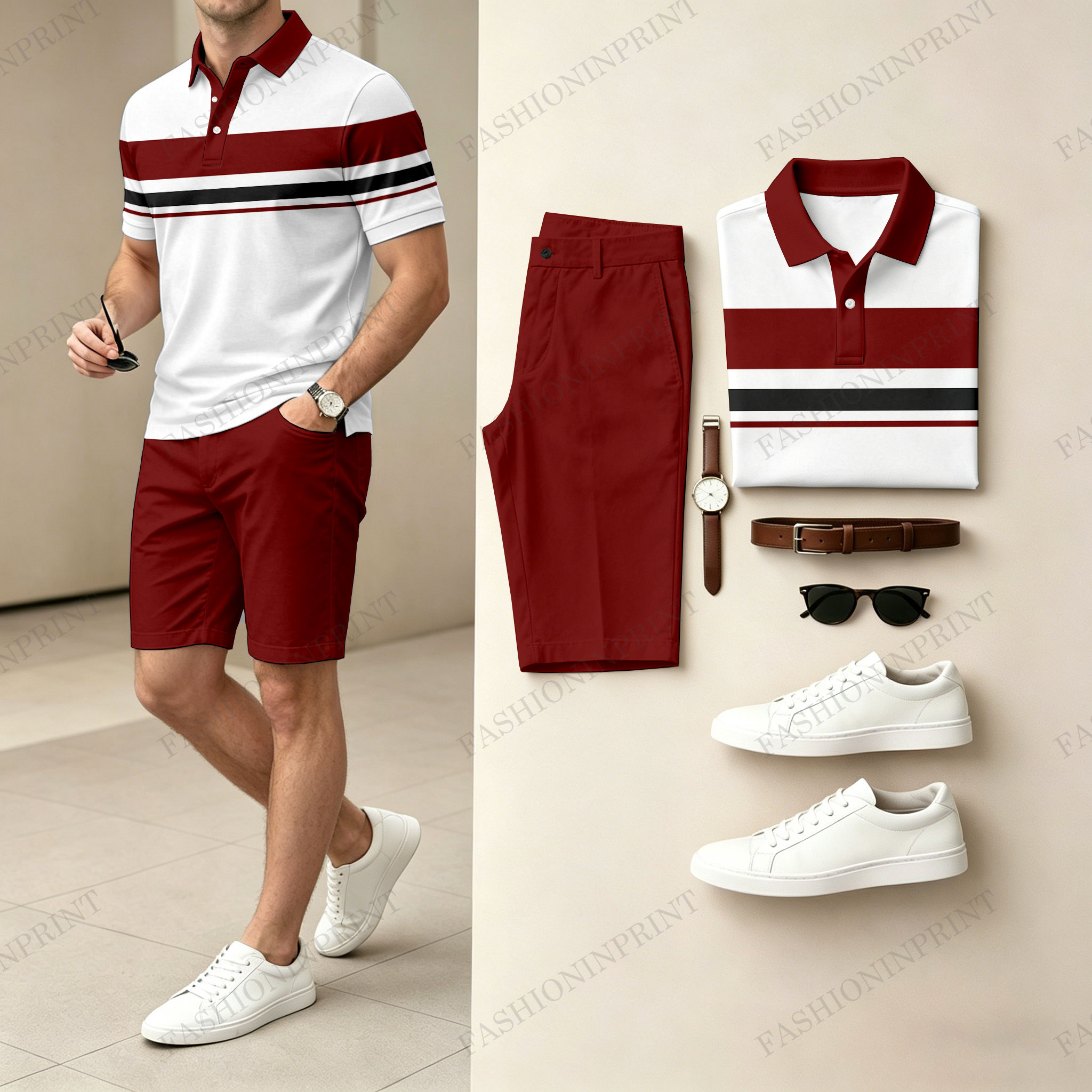 Men's Casual Geometric Color Polo Shirt & Shorts Two-Piece Set