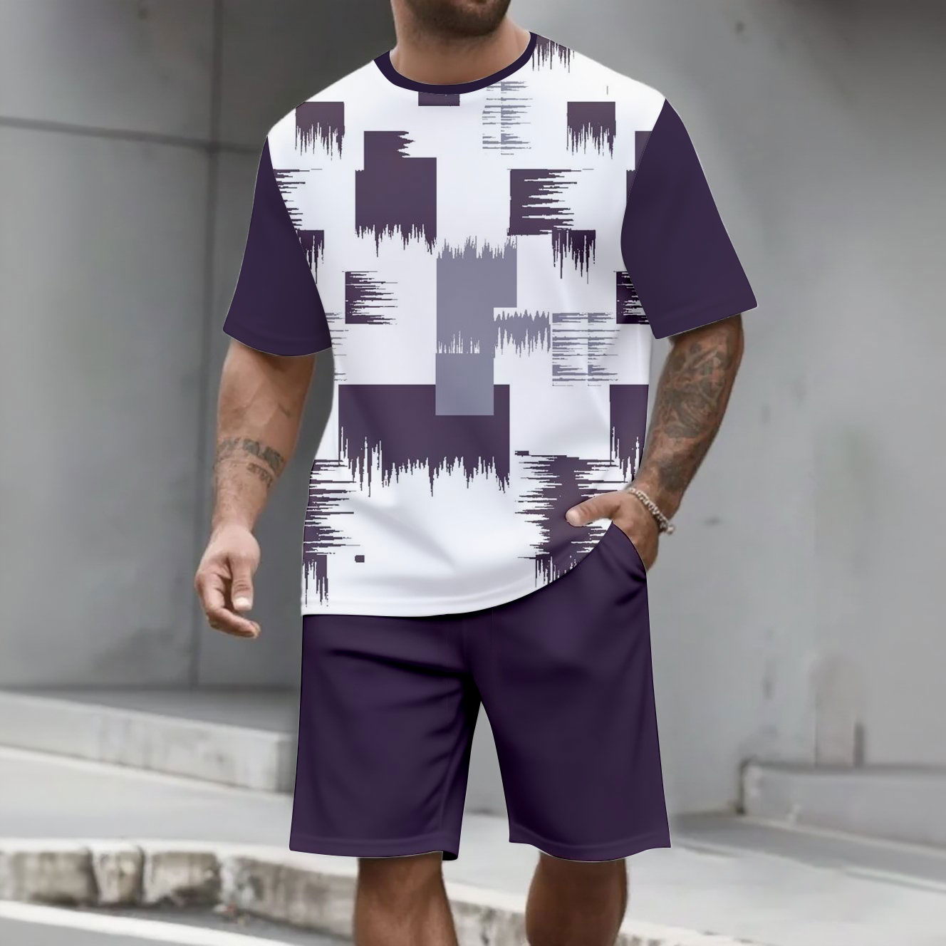 Men's Fashion Casual Color Matching Printed Short-Sleeved Two-Piece Set