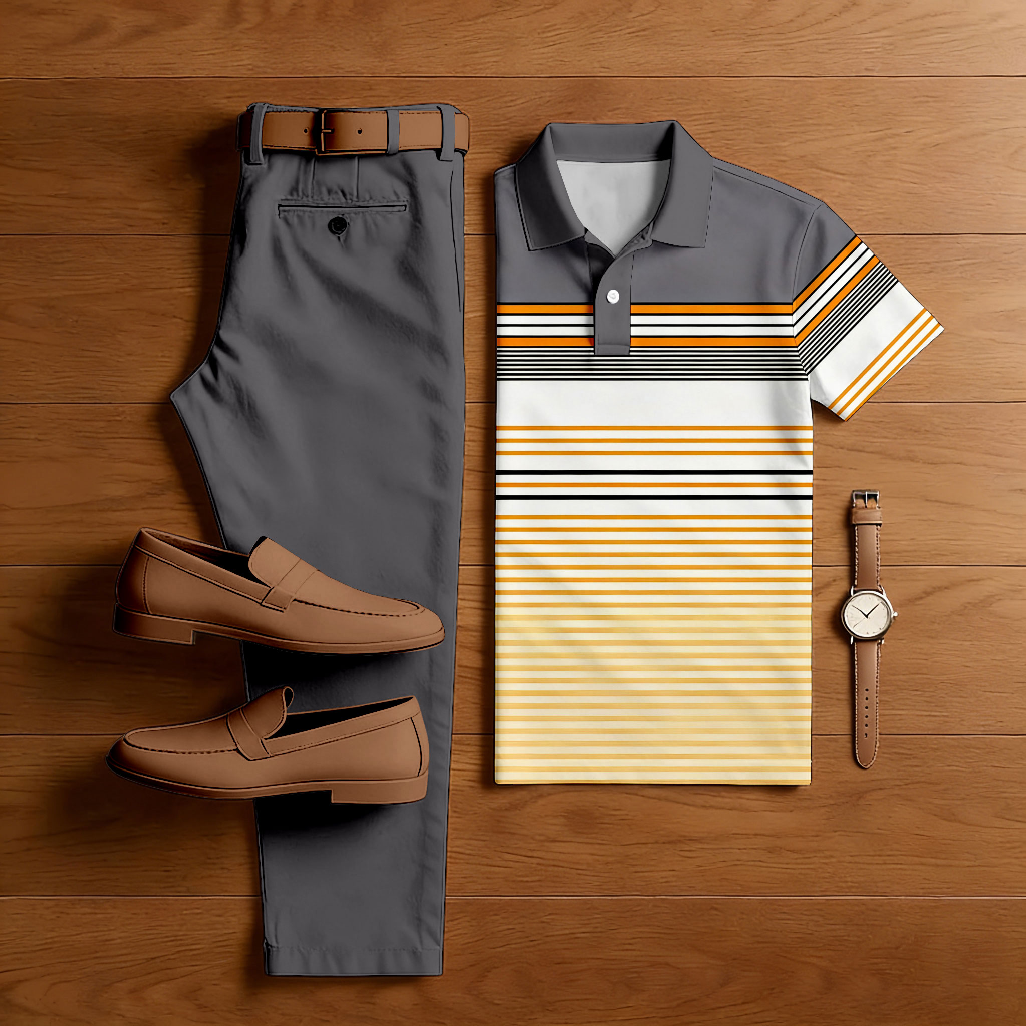 Men's Casual Gray & Yellow Color Matching Striped Printed Short Sleeved Polo Shirt & Trousers Two-Piece Set