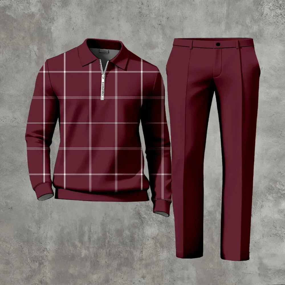 Men's Casual Color Matching Printed Polo-Collar Zipper Long Sleeved Trousers Two-Piece Set 1020