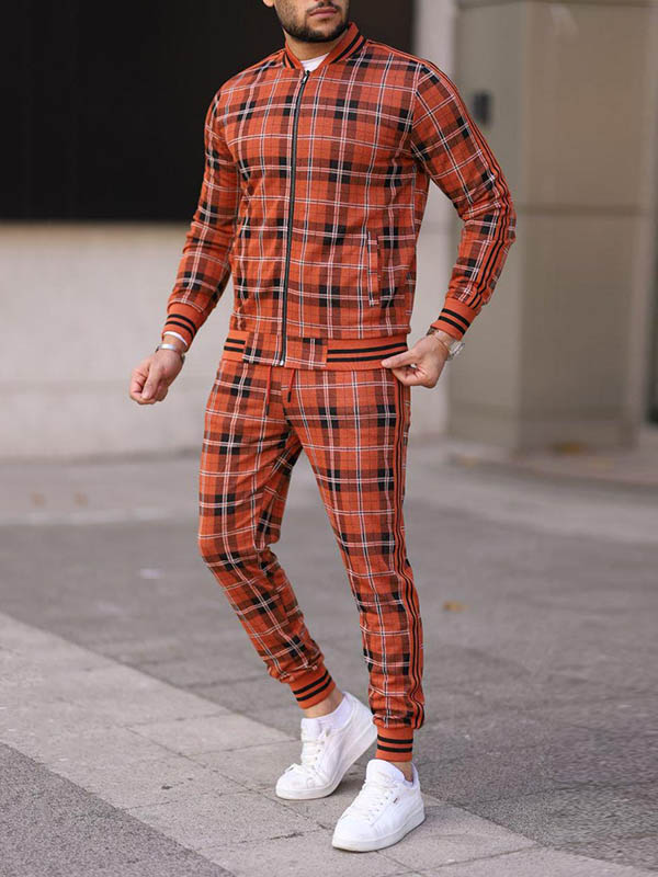 Men's Quilted Thick Plaid Long-Sleeved Jacket Trousers Two-Piece Set