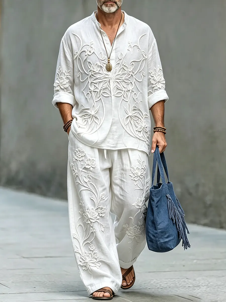 Men's Retro Abstract Print Casual Linen Top And Pants Two-piece Set MT0300YBBQL