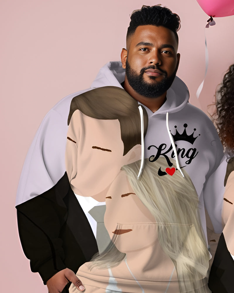 Couple Plus Size Couple Wedding Cartoon Pattern Crown Print Hoodie Set