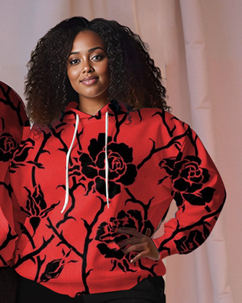 Couple Plus Size Rose Print Hoodie Set