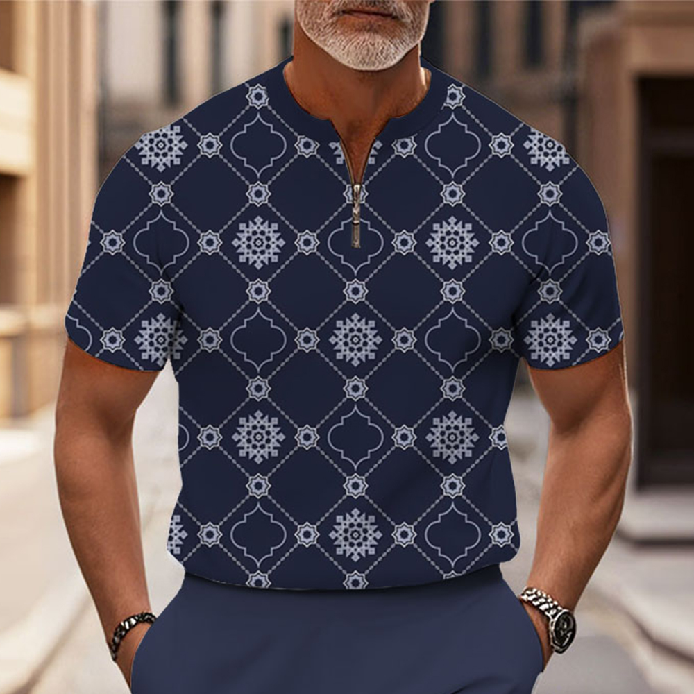 Men's Fashion Casual Round-Neck Geometric Printed Short-Sleeved Two-Piece Set