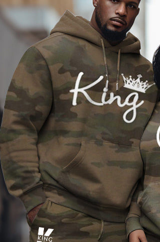 Couple Big and Tall Casual Outfit Camouflage Graffiti King Queen Hoodie Set