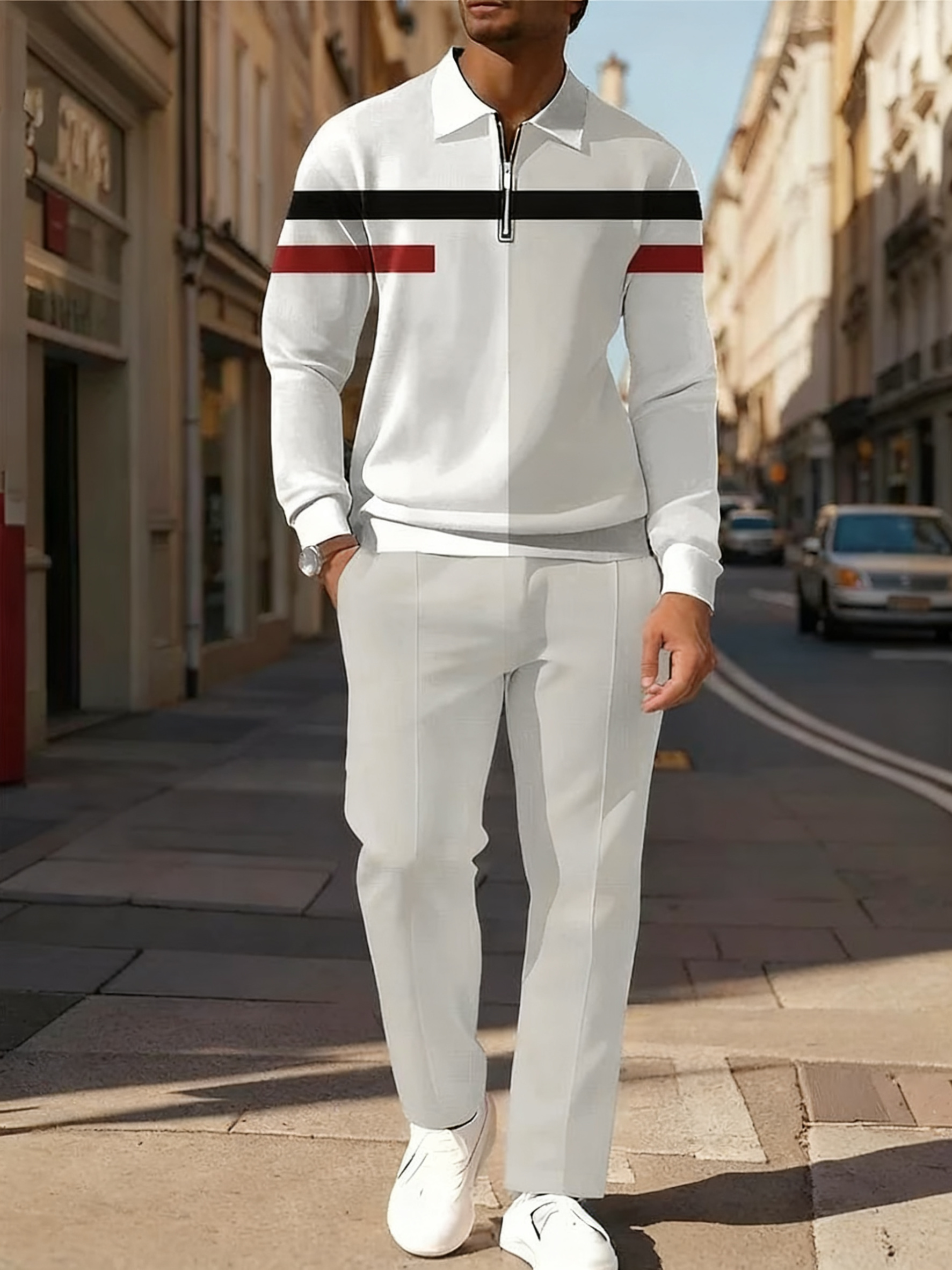 Men's Apricot Stripe Printed POLO Long Sleeve Trousers Two-Piece Set