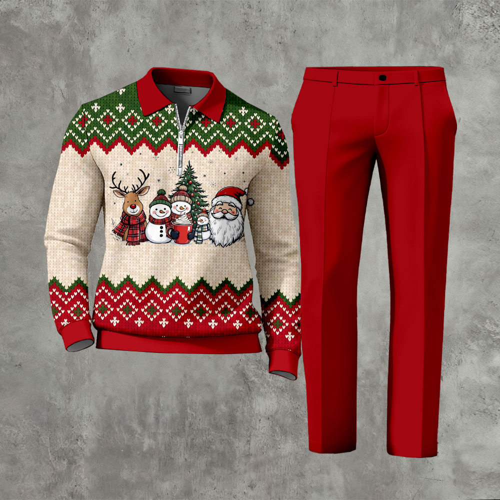 Men's Christmas Color Matching Printed Polo-Collar Zipper Long Sleeved Trousers Two-Piece Set 1216