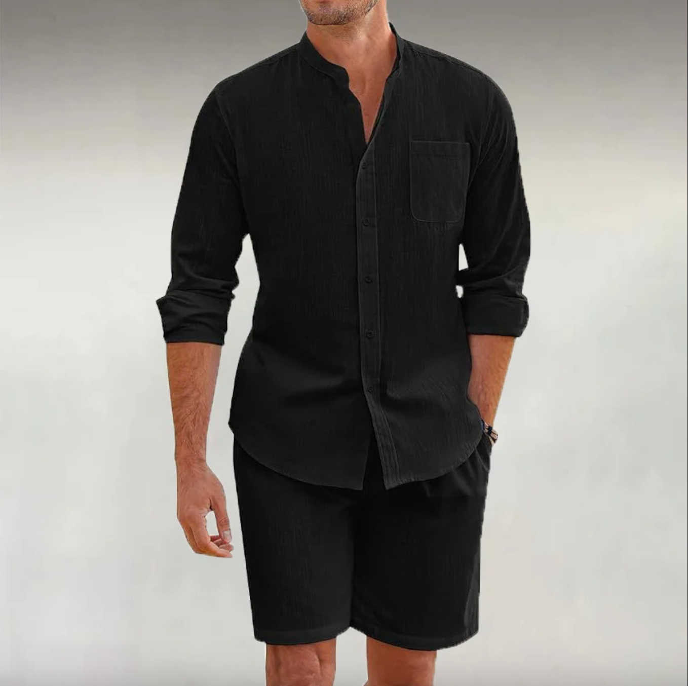 Men's Solid  Color Long Sleeves Shirt & Shorts Two Pieces Set