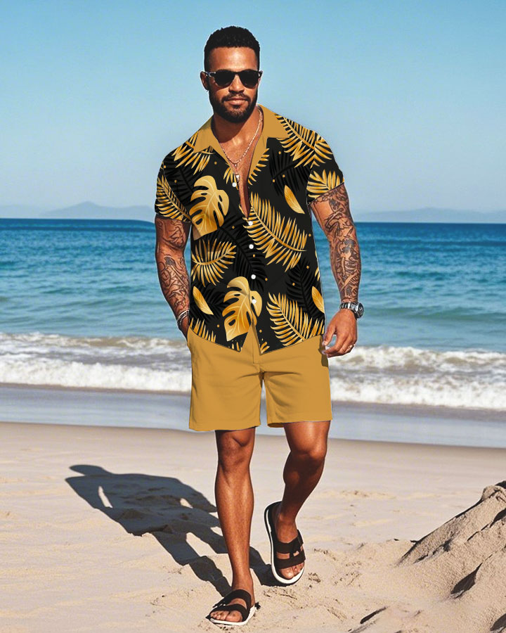 Men's Fashion Casual Lapel Collar Geometric Printed Short-Sleeved Two-Piece Set