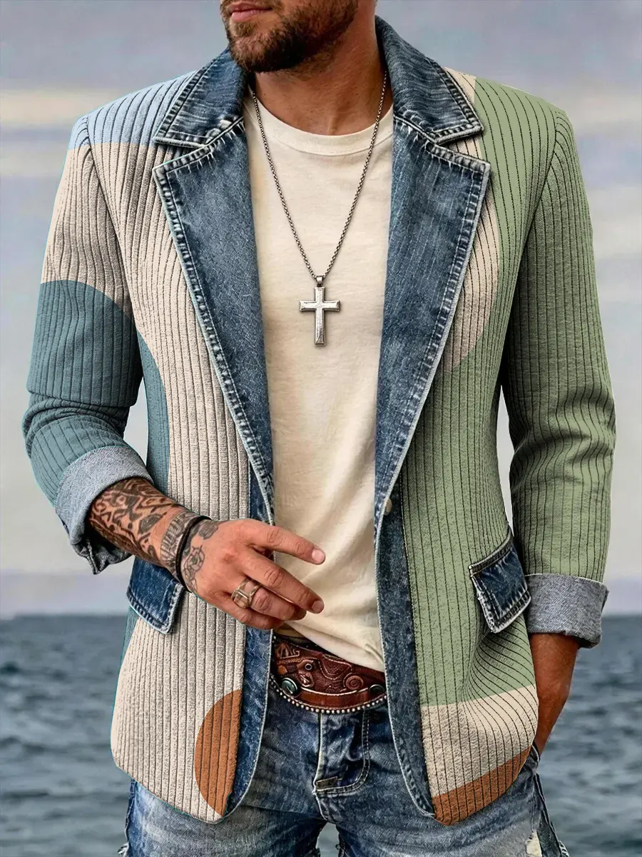 Men's Color-Block Corduroy Blazer with Denim Lapels