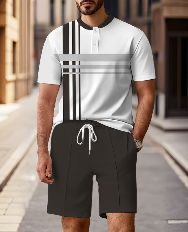 Men's Fashion Casual Round-Neck Geometric Printed Short-Sleeved Two-Piece Set